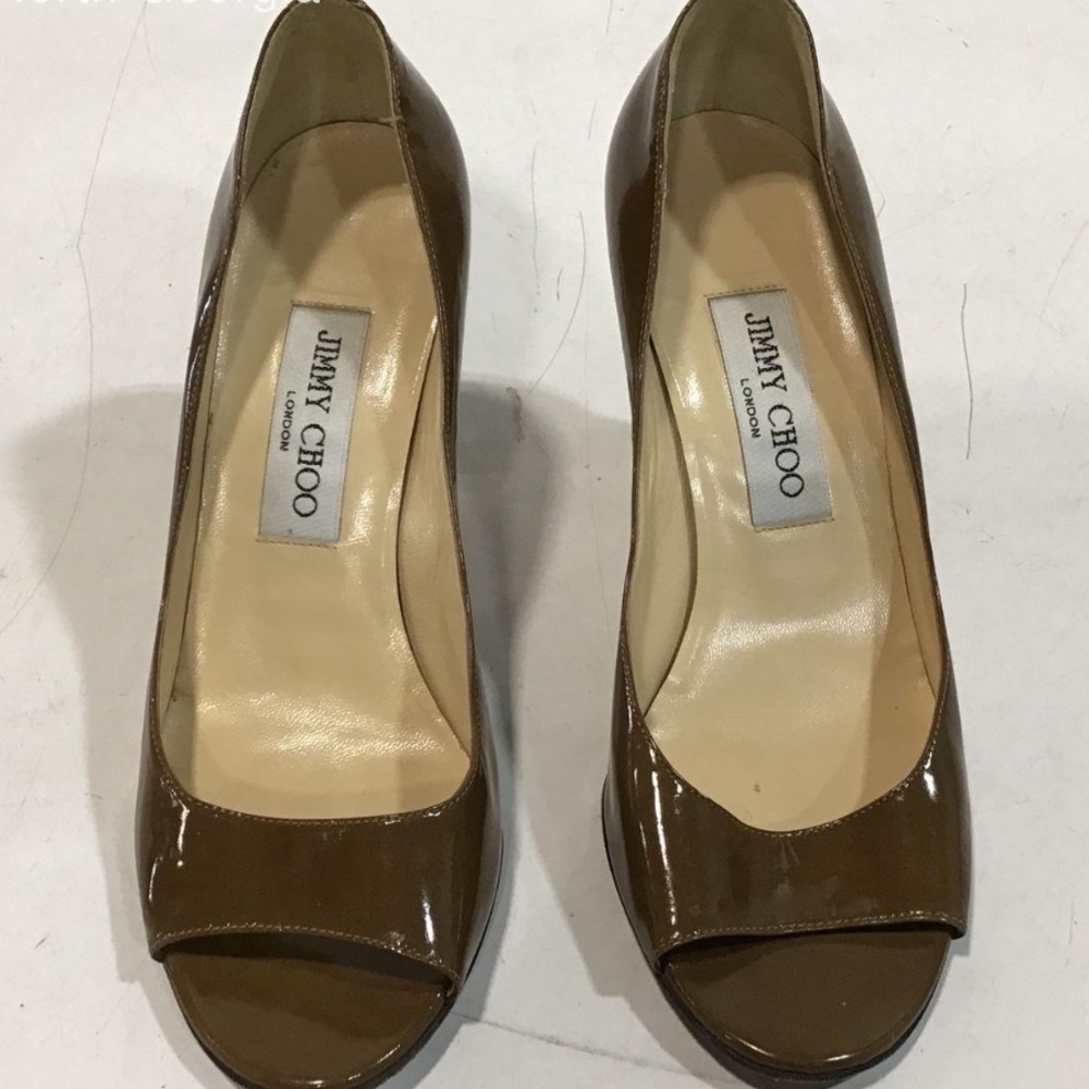 Women’s Jimmy Choo Brown Patent Leather Peep Toe Heels Size 37